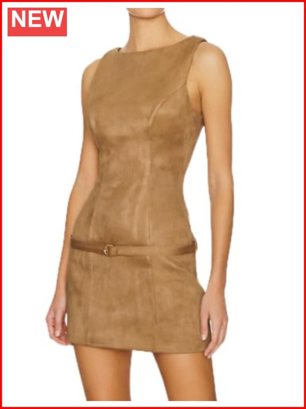 Women's Sleeveless Faux Suede Mini Dress Boat Neck Back Zipper Removable Belt